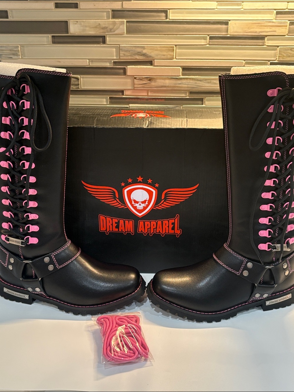 Dream Apparel Black Lace-Up Motorcycle Boots with Pink Accents